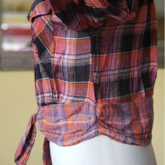 NWT Free People First Bloom Plaid Buttoned Tie Front Blouse Small - Picture 9 of 16